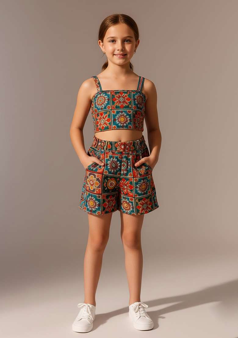 Girls Multicolor Poplin Floral Printed Co-Ord Set - Indya