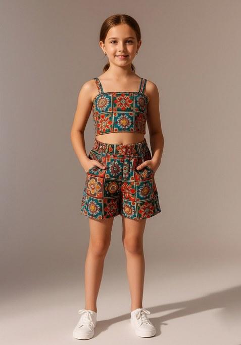 Girls Multicolor Poplin Floral Printed Co-Ord Set