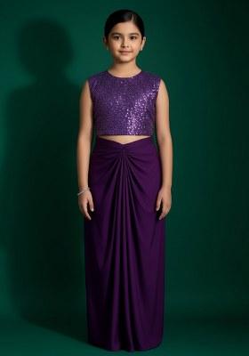 Girls Purple Sequin Blouse Satin Fusion Set