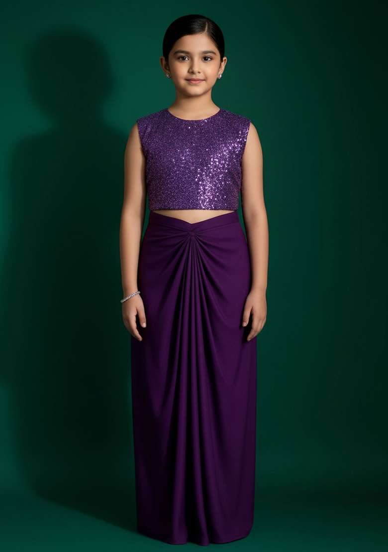 Girls Purple Sequin Blouse Satin Fusion Set - Indya