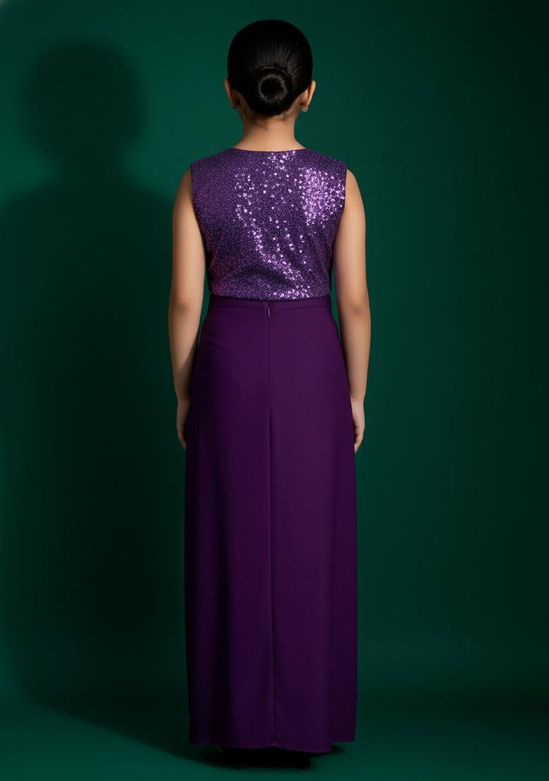 Girls Purple Sequin Blouse Satin Fusion Set - Indya