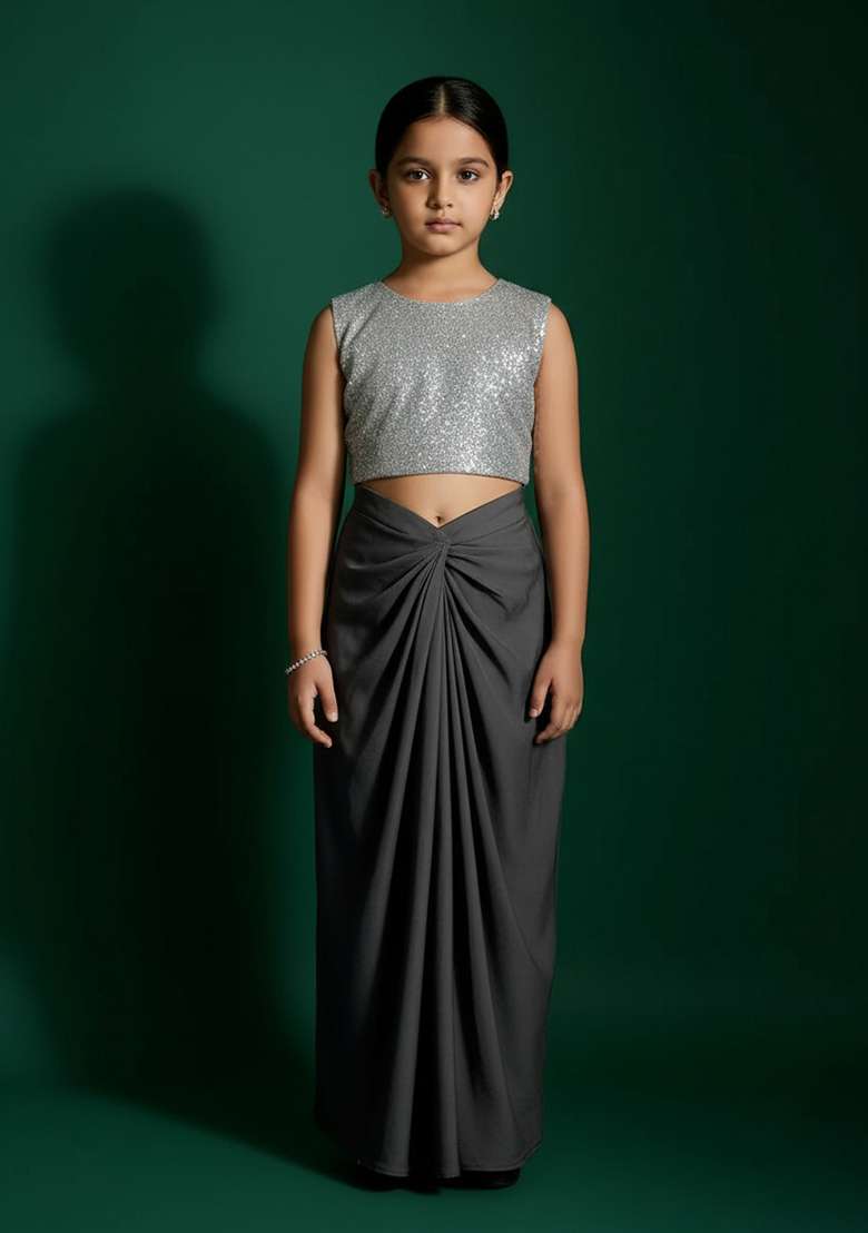 Girls Dark Grey Sequin Blouse Georgette Fusion Set - Indya