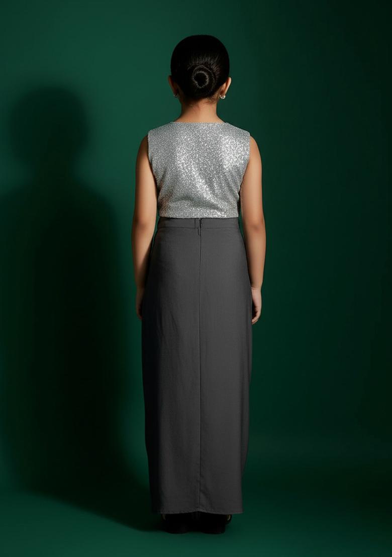 Girls Dark Grey Sequin Blouse Georgette Fusion Set - Indya