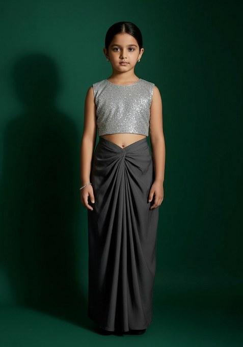 Girls Dark Grey Sequin Blouse Georgette Fusion Set