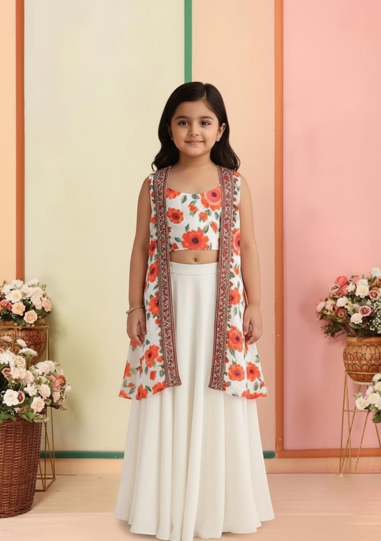Girls White Floral Printed Crepe Lehenga Set