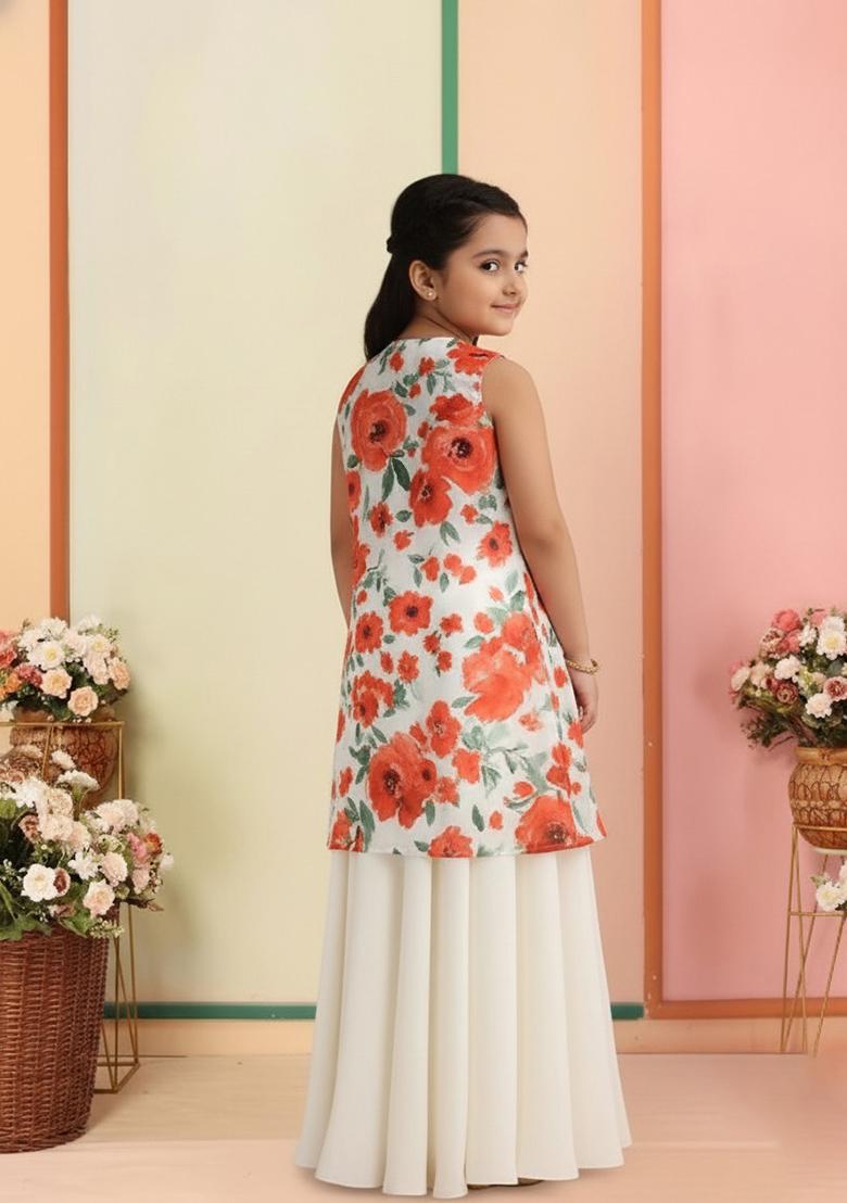 Girls White Floral Printed Crepe Lehenga Set - Indya