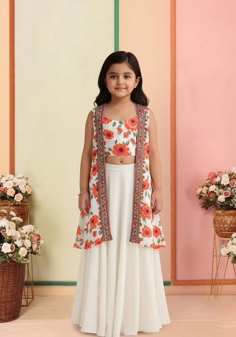 Girls White Floral Printed Crepe Lehenga Set