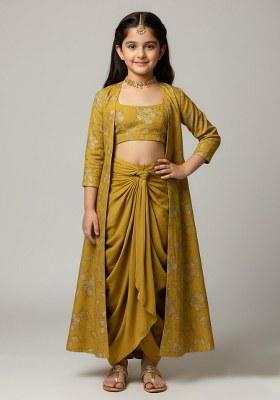 Girls Mustard Yellow Floral Print Silk Fusion Set