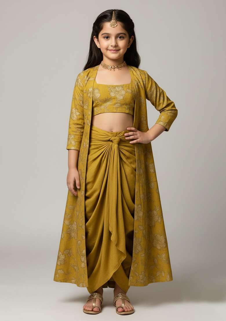 Girls Mustard Yellow Floral Print Silk Fusion Set - Indya