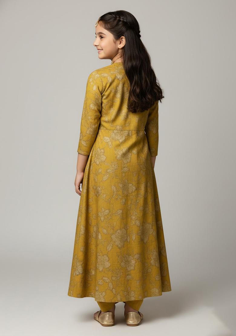 Girls Mustard Yellow Floral Print Silk Fusion Set - Indya
