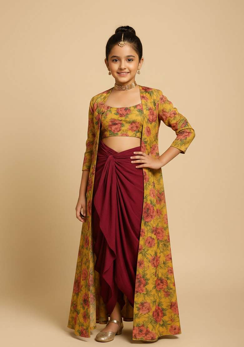 Girls Mustard Yellow Floral Print Silk Fusion Set - Indya