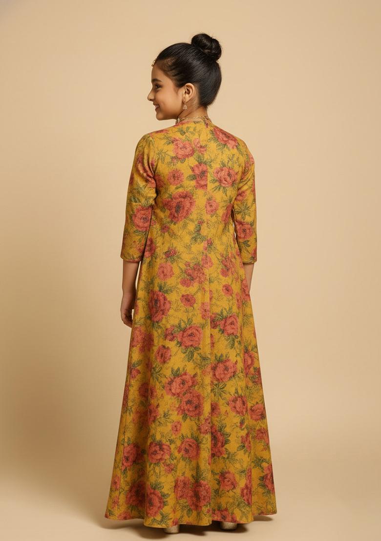 Girls Mustard Yellow Floral Print Silk Fusion Set - Indya