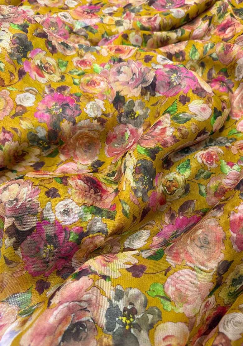 Girls Mustard Yellow Floral Print Silk Fusion Set - Indya
