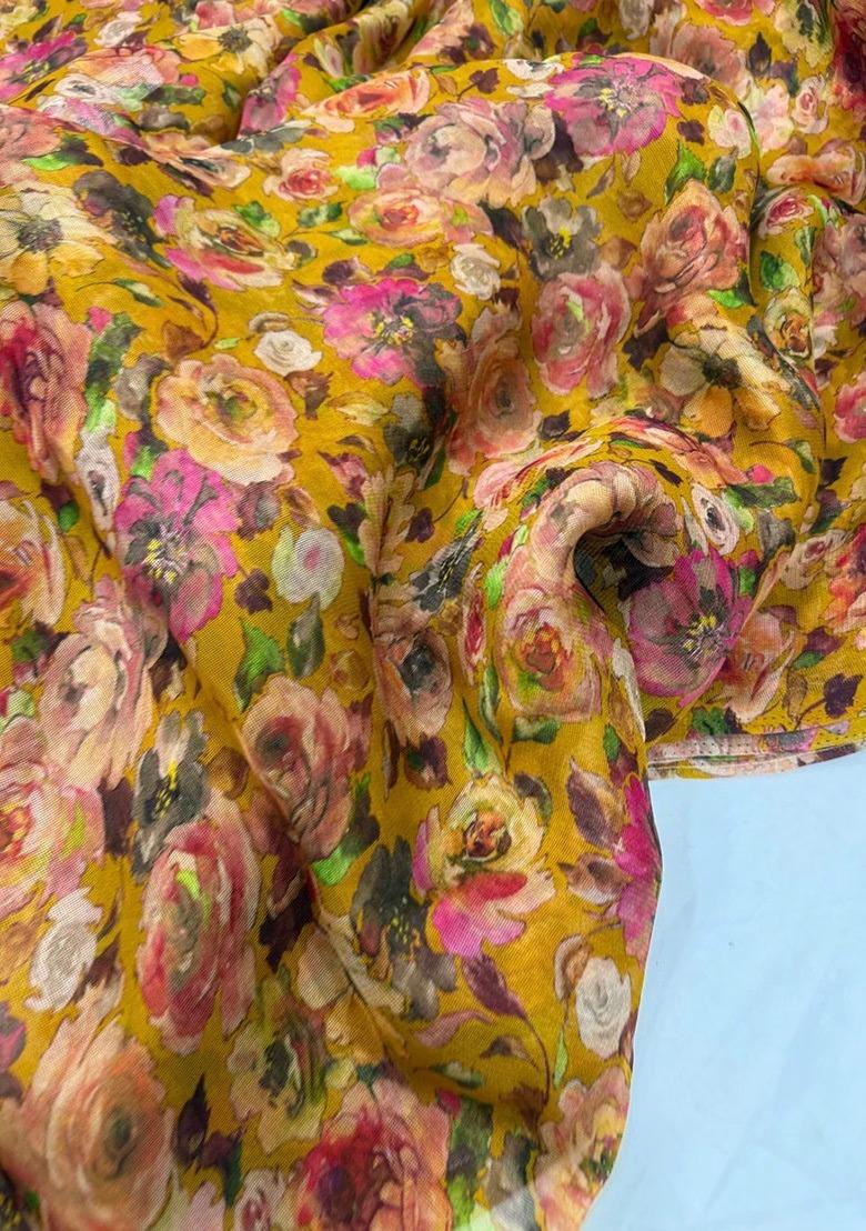 Girls Mustard Yellow Floral Print Silk Fusion Set - Indya