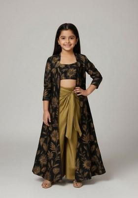 Girls Dark Blue Floral Print Silk Fusion Set