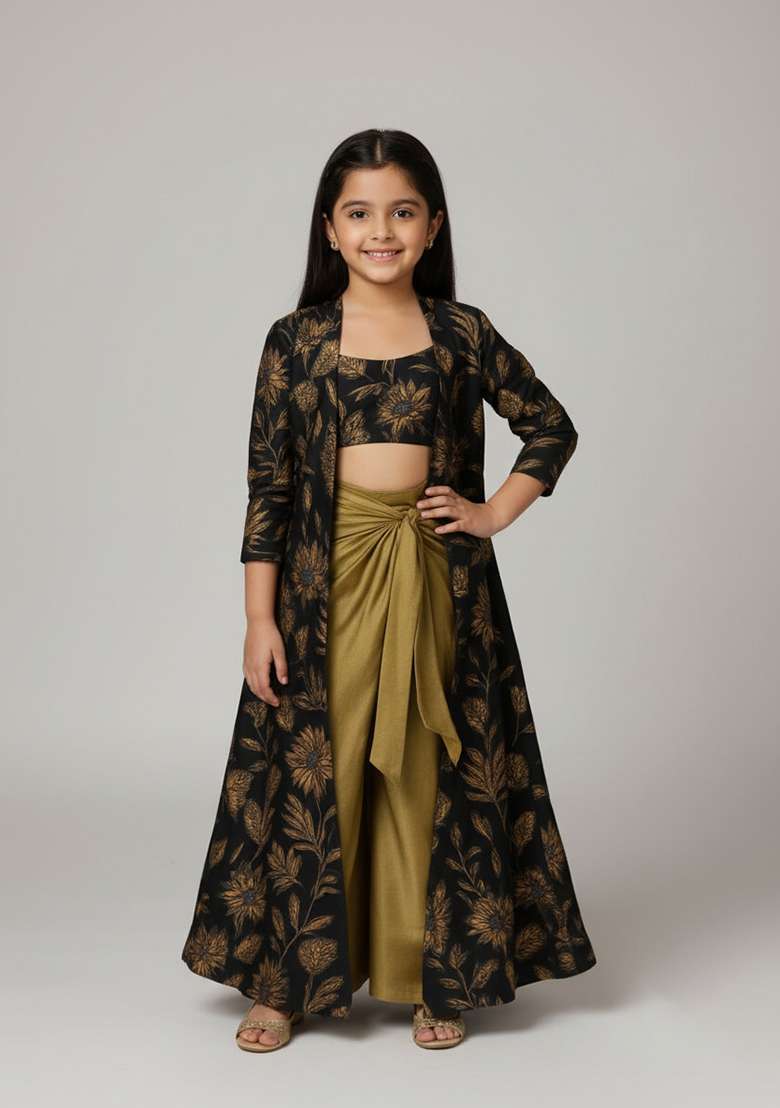 Girls Dark Blue Floral Print Silk Fusion Set - Indya