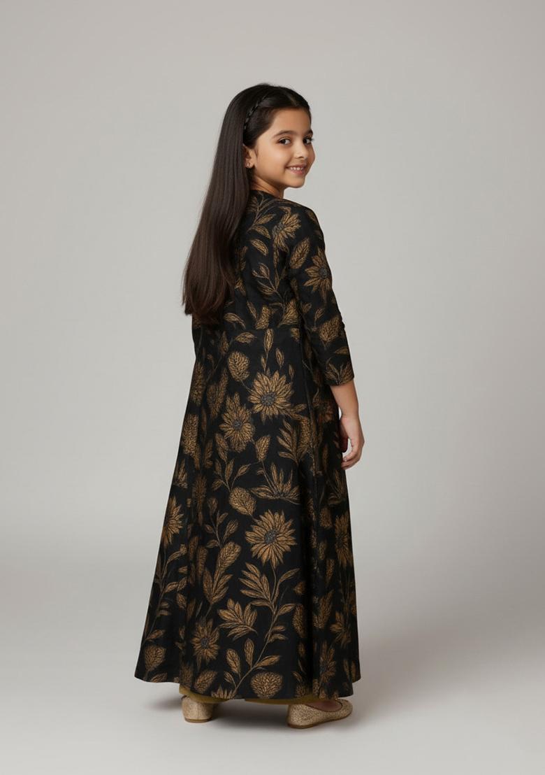 Girls Dark Blue Floral Print Silk Fusion Set - Indya