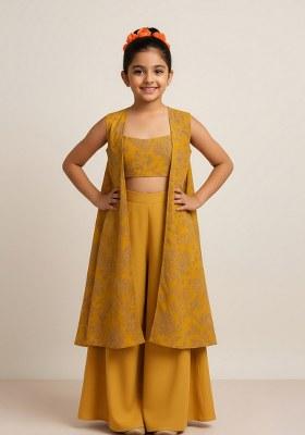 Girls Mustard Yellow Floral Print Satin Fusion Set