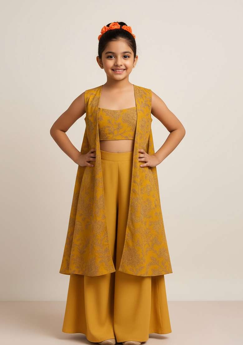 Girls Mustard Yellow Floral Print Satin Fusion Set - Indya