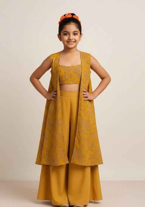 Girls Mustard Yellow Floral Print Satin Fusion Set