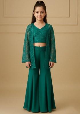 Girls Teal Green Embroidered Georgette Fusion Set