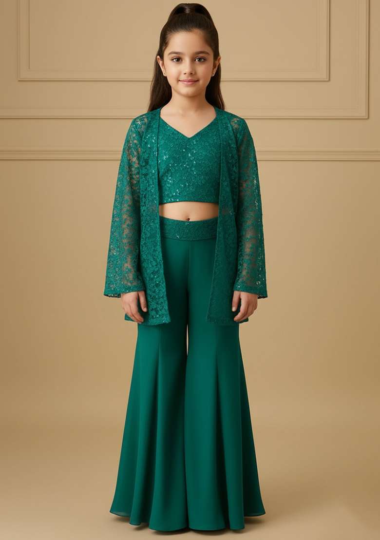 Girls Teal Green Embroidered Georgette Fusion Set - Indya