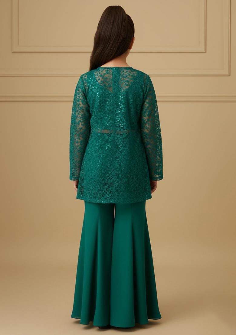 Girls Teal Green Embroidered Georgette Fusion Set - Indya
