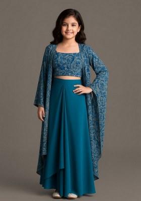 Girls Blue Floral Print Georgette Fusion Set