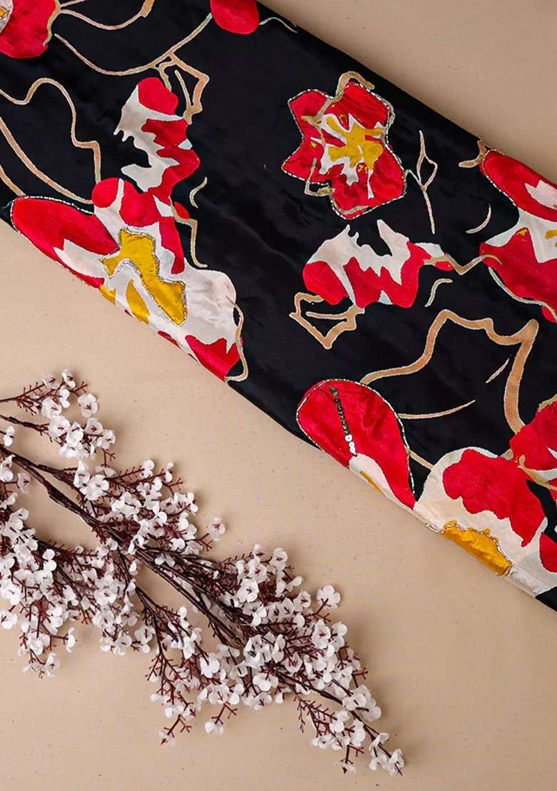 Girls Black Floral Print Georgette Fusion Set - Indya