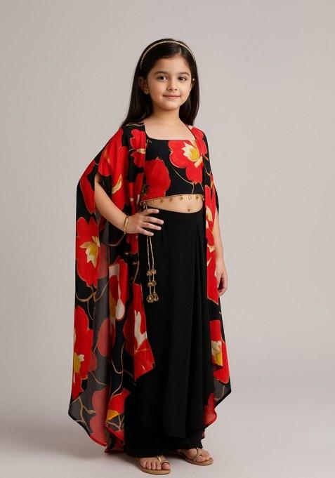 Girls Black Floral Print Georgette Fusion Set