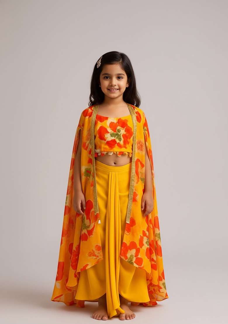 Girls Yellow Floral Print Georgette Fusion Set - Indya