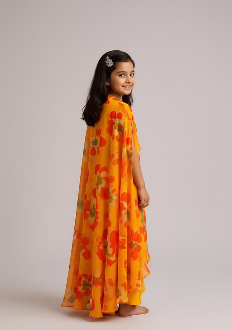Girls Yellow Floral Print Georgette Fusion Set - Indya