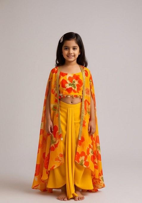 Girls Yellow Floral Print Georgette Fusion Set