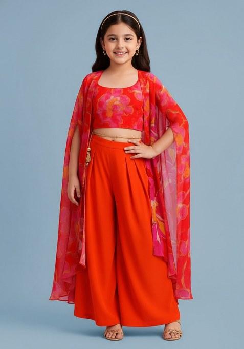 Girls Red Floral Print Georgette Fusion Set
