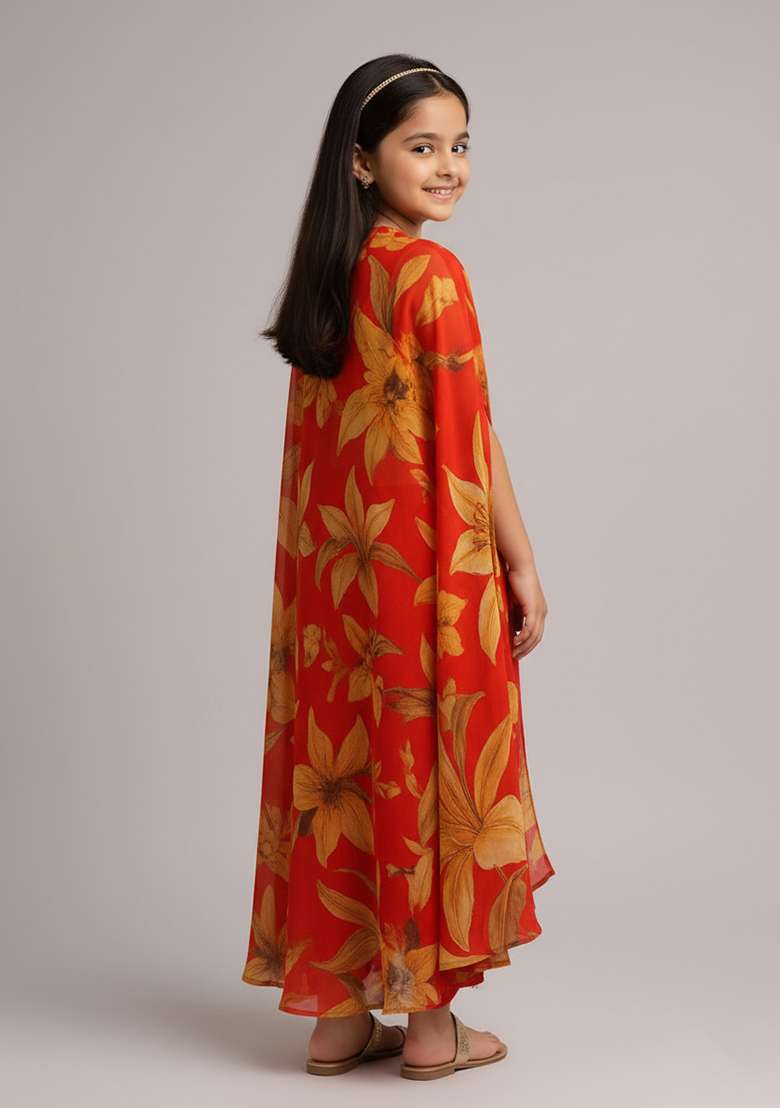 Girls Orange Floral Print Georgette Fusion Set - Indya