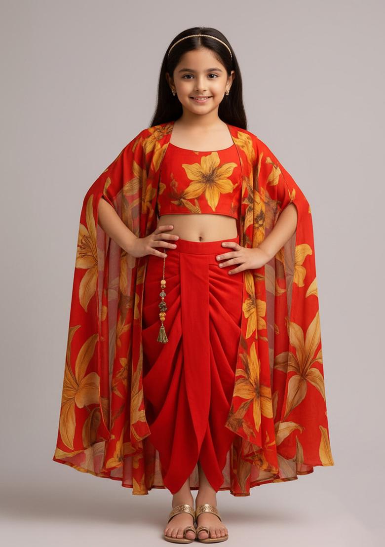 Girls Orange Floral Print Georgette Fusion Set - Indya