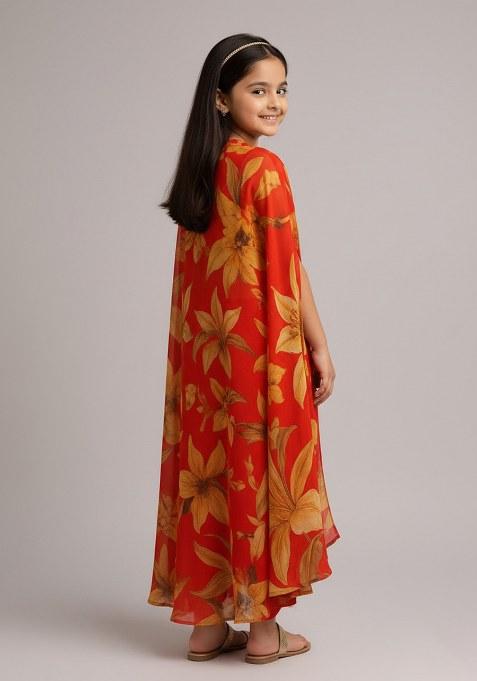 Girls Orange Floral Print Georgette Fusion Set