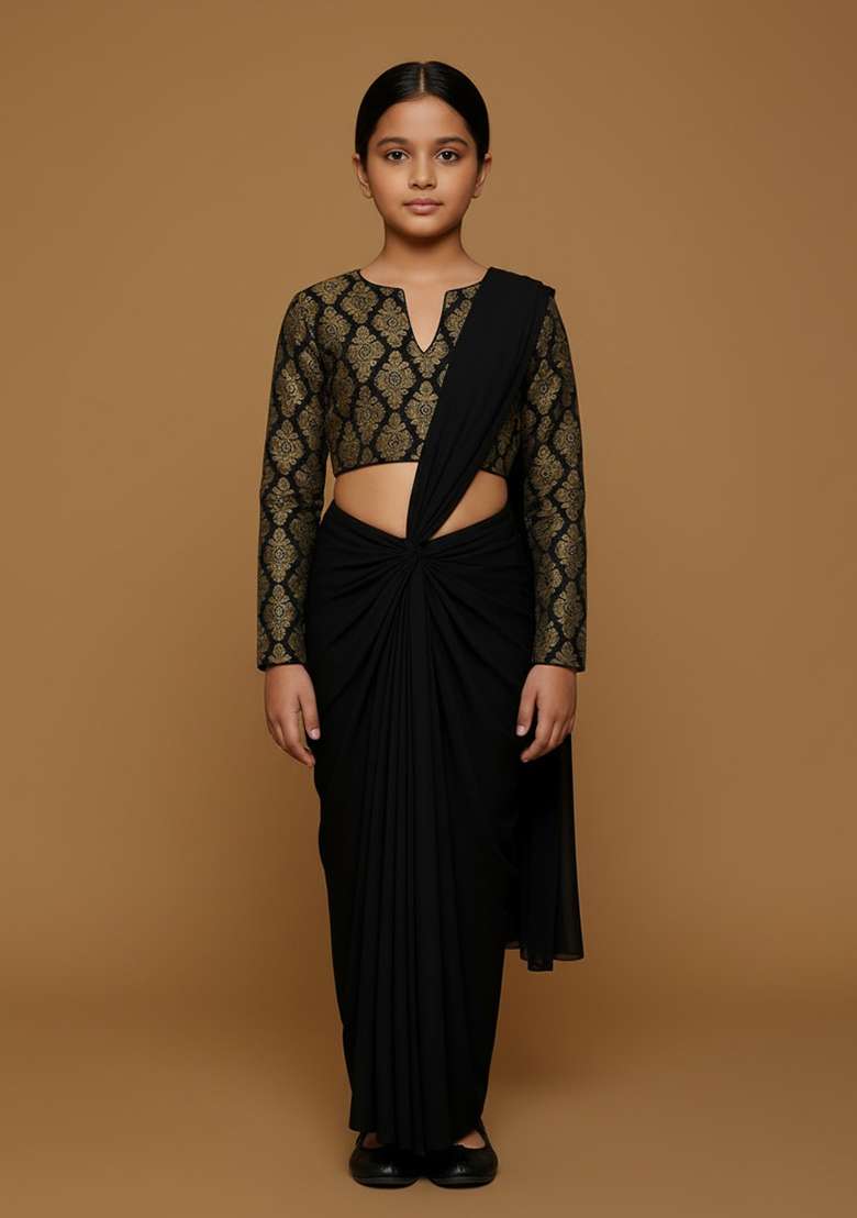 Girls Black Brocade Fusion Set - Indya