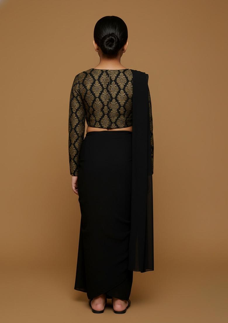 Girls Black Brocade Fusion Set - Indya