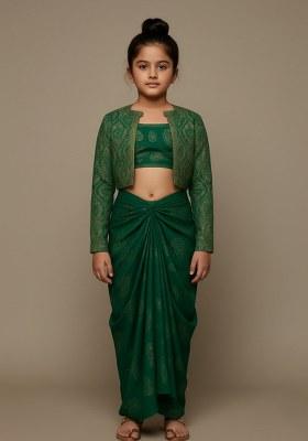 Girls Green Brocade Fusion Set