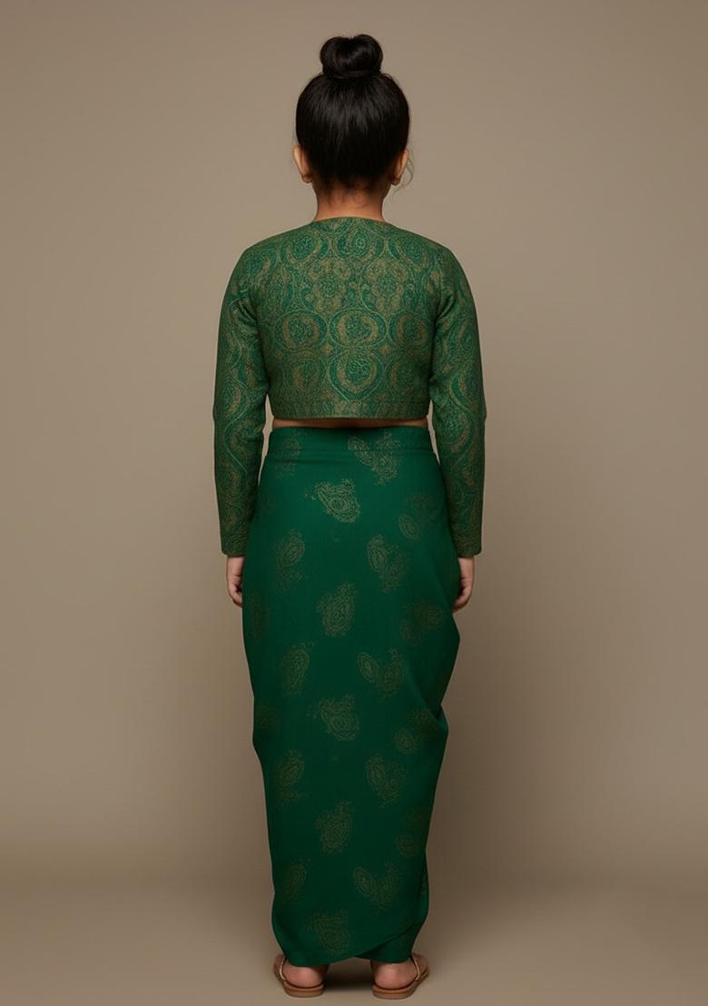Girls Green Brocade Fusion Set - Indya
