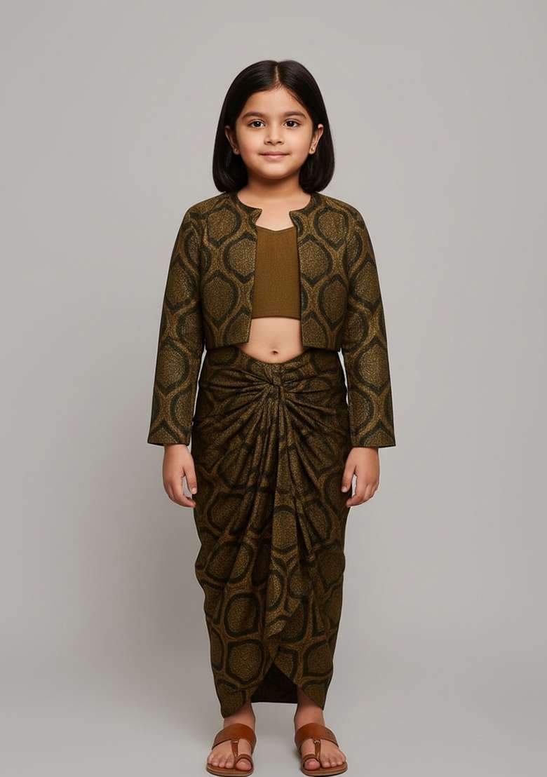 Girls Black Brocade Fusion Set - Indya