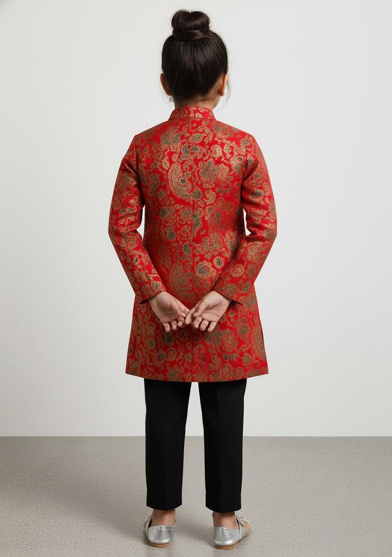 Girls Red Embroidered Crepe Fusion Set - Indya