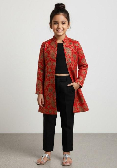 Girls Red Embroidered Crepe Fusion Set