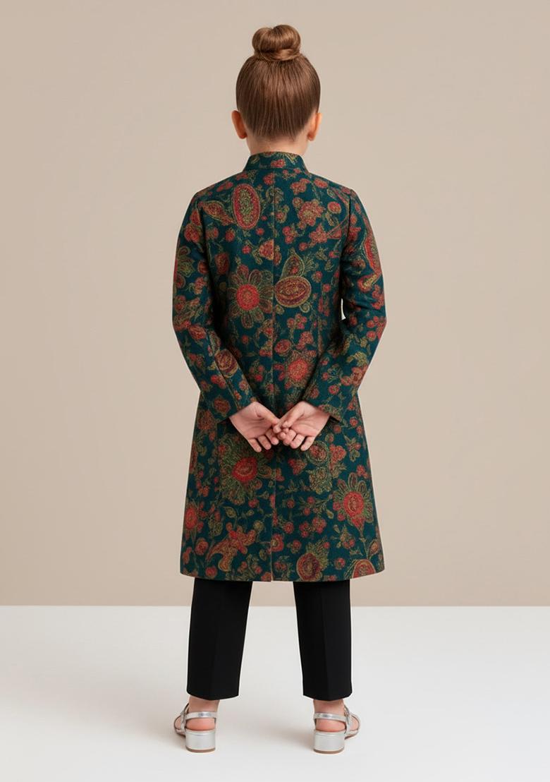 Girls Green Embroidered Crepe Fusion Set - Indya