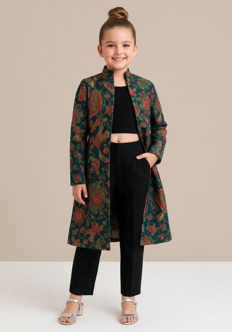 Girls Green Embroidered Crepe Fusion Set