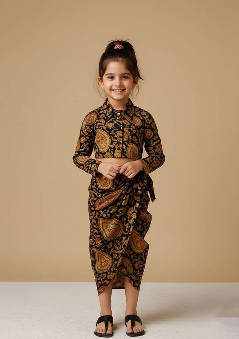 Girls Black Embroidered Crepe Fusion Set - Indya