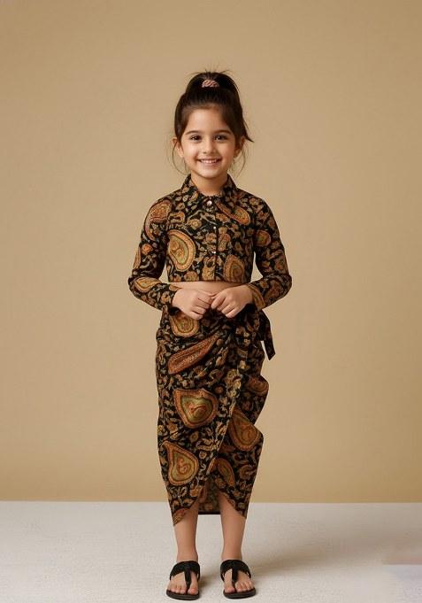 Girls Black Embroidered Crepe Fusion Set