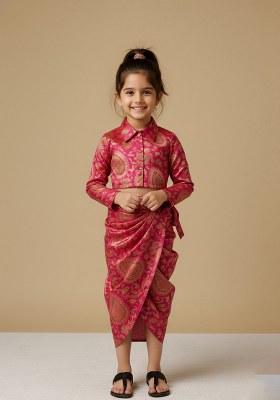 Girls Red Embroidered Crepe Fusion Set