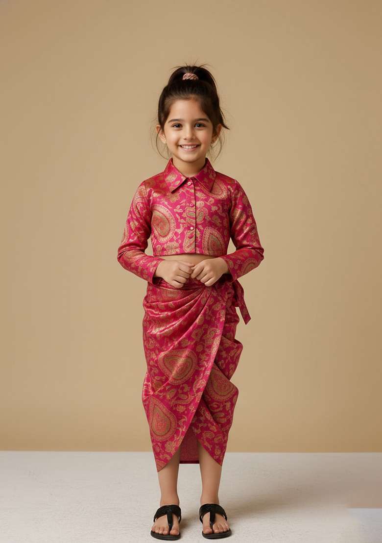 Girls Red Embroidered Crepe Fusion Set - Indya